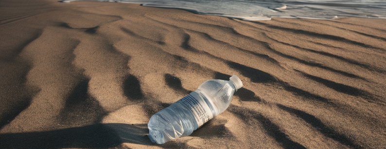 Bottiglia di plastica in spiaggia, inquinamento